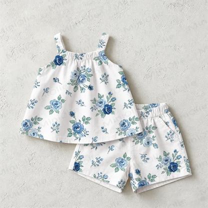 Baby Toddler Blue Rose White Flower Strap Top and Shorts 2-piece Set - White - 3-5T - image 1