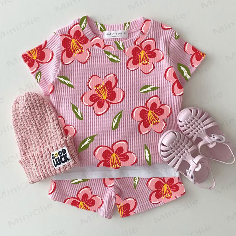Baby Pink Floral Waffle Tee and Shorts 2-piece Set - Pink - 2-3T - image 1