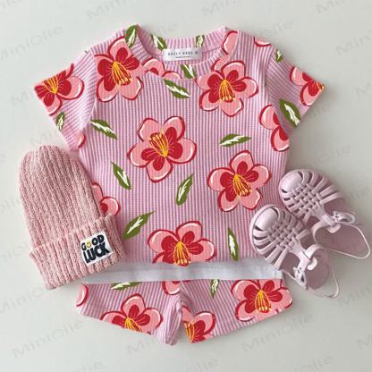 Baby Pink Floral Waffle Tee and Shorts 2-piece Set - Pink - 2-3T - image 1