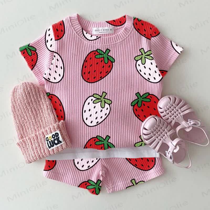 Baby Pink Strawberry Waffle Tee and Shorts 2-piece Set - Pink - 2-3T - image 1