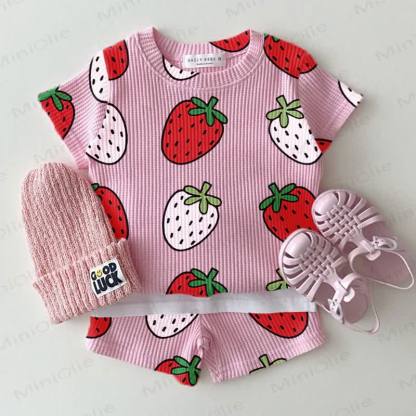 Baby Pink Strawberry Waffle Tee and Shorts 2-piece Set - Pink - 2-3T - image 1