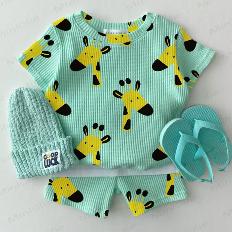 Baby Green Giraffe Waffle Tee and Shorts 2-piece Set - Green - 2-3T - image 1