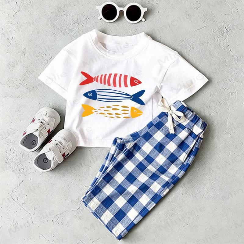 Baby Fish Print White T-shirt And Blue Plaid Pants 2-piece Set - White&Blue - 2-3T - image 1