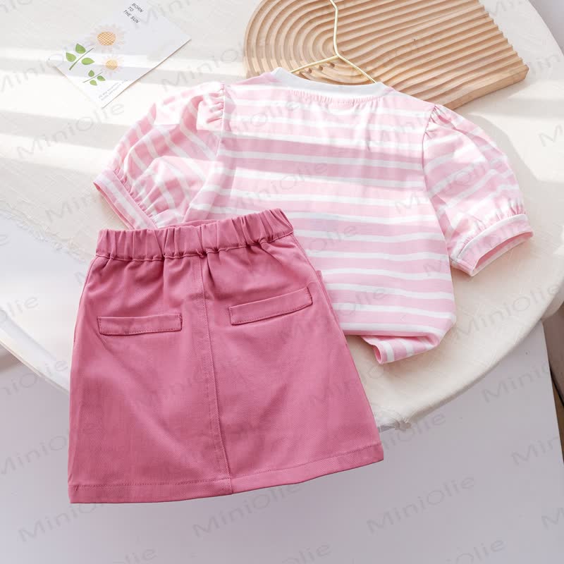 Toddler Baby Girl Pink Heart Striped Puff Sleeve Top and Skirt 2-piece Set - image 2