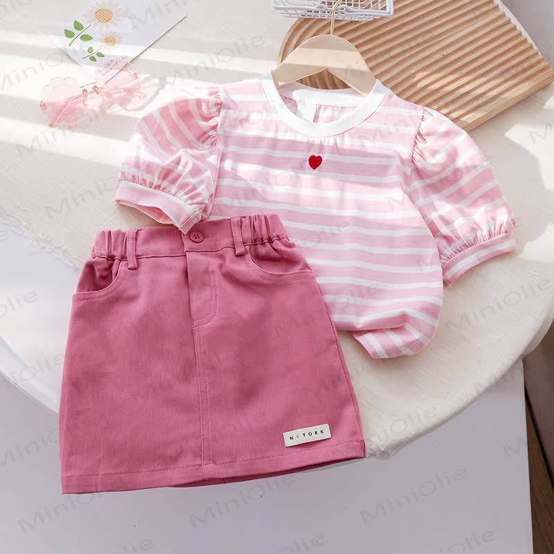 Toddler Baby Girl Pink Heart Striped Puff Sleeve Top and Skirt 2-piece Set - Pink - 6-7T - image 1