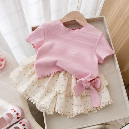 Toddler Baby Girl Pink&Beige Ribbed Top and Floral Shorts 2-piece Set - Pink - 6-7T - image 1