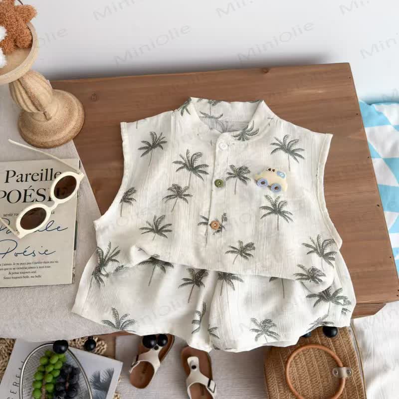 Toddler Girl Beige Tropical Palm Sleeveless Top and Shorts 2-piece Set - Beige - 10-11T - image 1