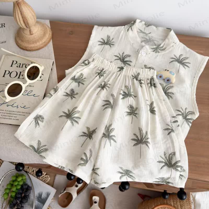 Toddler Girl Beige Tropical Palm Sleeveless Top and Shorts 2-piece Set - image 6