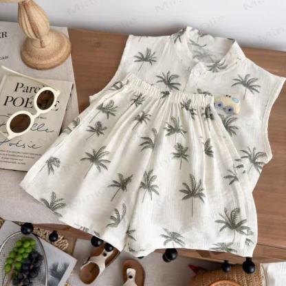 Toddler Girl Beige Tropical Palm Sleeveless Top and Shorts 2-piece Set - image 6
