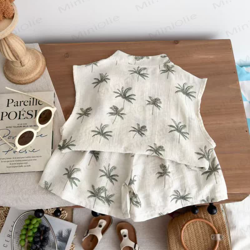 Toddler Girl Beige Tropical Palm Sleeveless Top and Shorts 2-piece Set - image 2