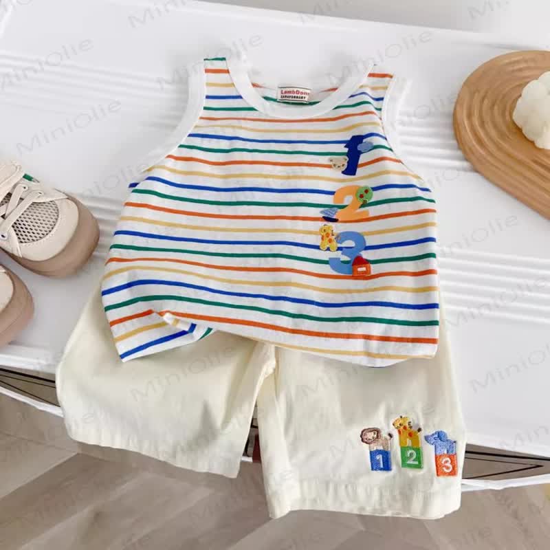 Toddler Baby Animal Colorful Striped Sleeveless Top and Shorts 2-piece Set - Beige - 4-5T - image 1