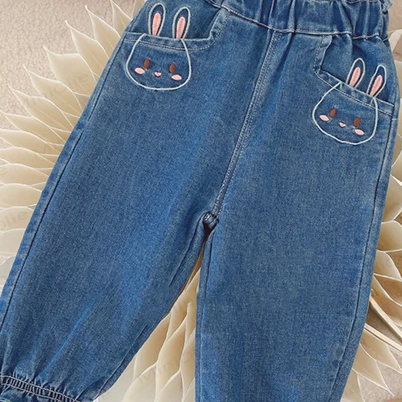 Toddler Girl Blue Embroidered Rabbit Denim Pants - image 4