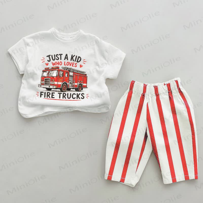 JUST A KID WHO LOVES FIRE TRUCKS  Baby Toddler Red Vertical Striped 2-piece Set - White&Red - 4-5T - image 1