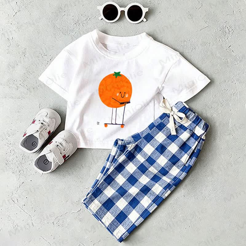 Baby Cartoon Orange Print White T-shirt and Blue Plaid Pants 2-Piece Set - White&Blue - 2-3T - image 1