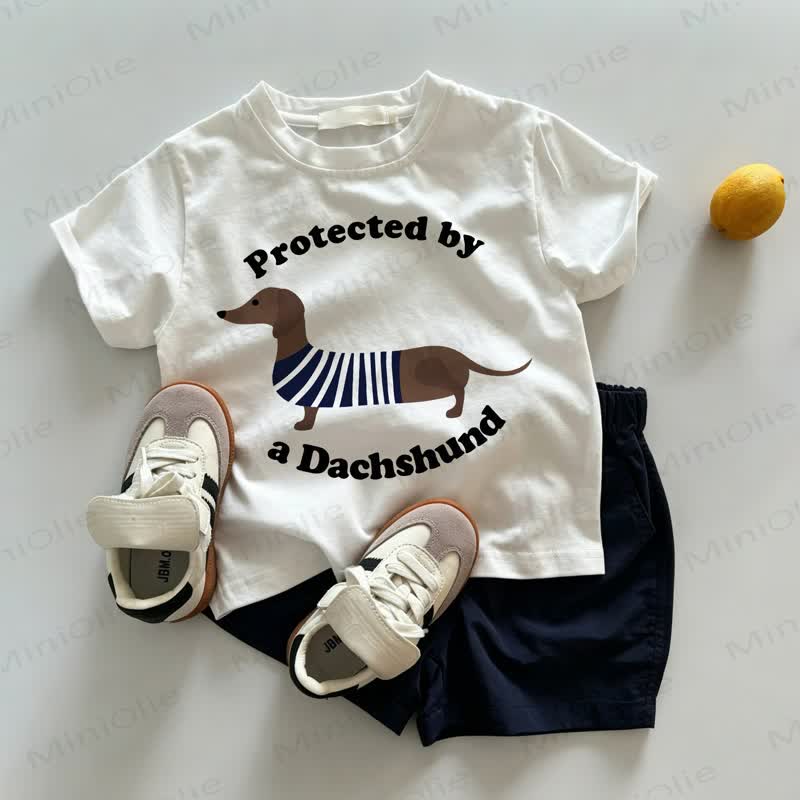PROTECTED BY A DACHSHUND Baby Toddler White Tee and Navy Shorts 2-piece Set - White&Navy - 3-5T - image 1
