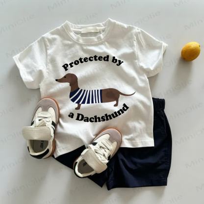 PROTECTED BY A DACHSHUND Baby Toddler White Tee and Navy Shorts 2-piece Set - White&Navy - 3-5T - image 1
