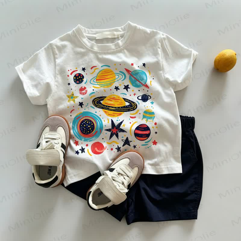 Baby Toddler Colorful Planet Star Print White Tee and Navy Shorts 2-piece Set - White&Navy - 3-5T - image 1
