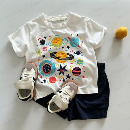 Baby Toddler Colorful Planet Star Print White Tee and Navy Shorts 2-piece Set - White&Navy - 3-5T - image 1