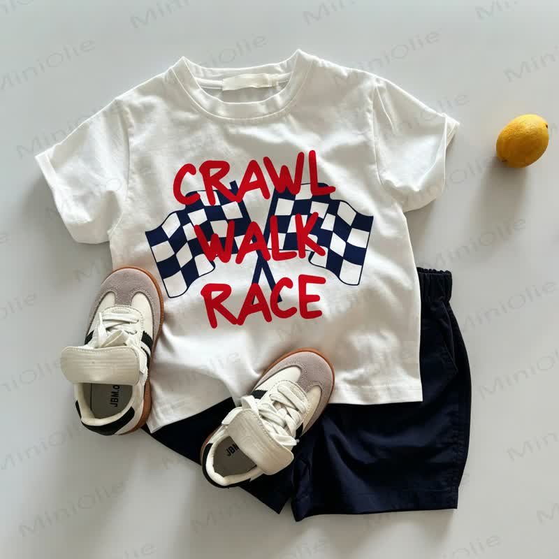 CRAWL WALK RACE Baby Toddler White Tee and Navy Shorts 2-piece Set - White&Navy - 3-5T - image 1