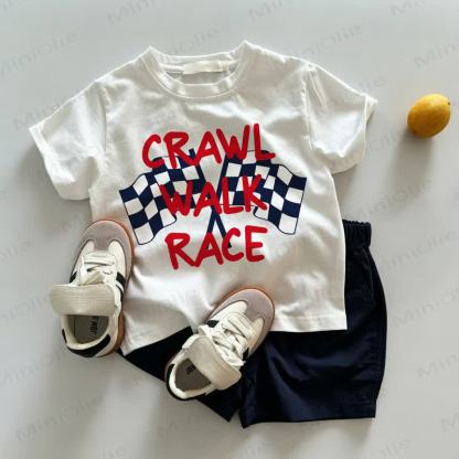CRAWL WALK RACE Baby Toddler White Tee and Navy Shorts 2-piece Set - White&Navy - 3-5T - image 1