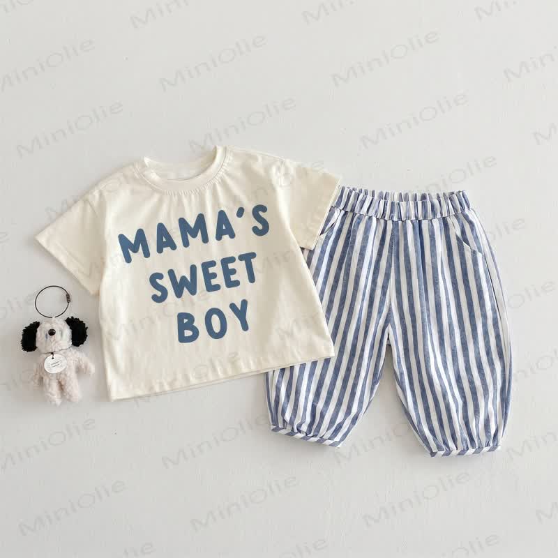 MAMA'S SWEET BOY Baby Toddler Beige&Blue Vertical Striped 2-piece Set - Beige&Blue - 3-4T - image 1
