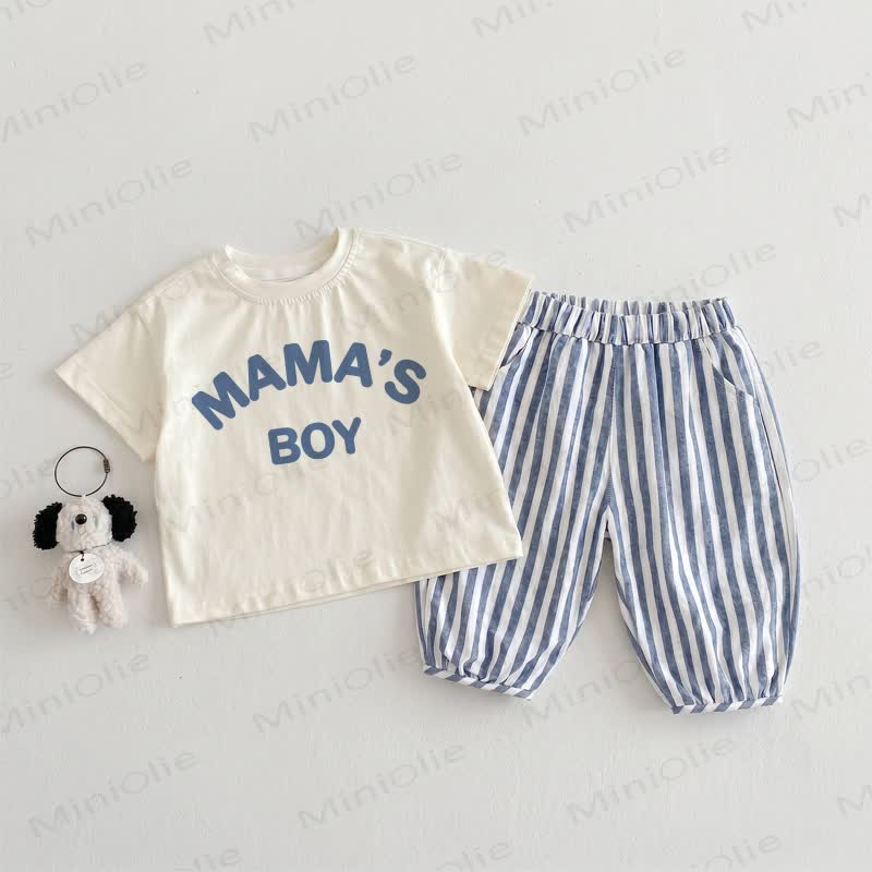 MAMA'S BOY Baby Toddler Beige&Blue Vertical Striped 2-piece Set - Beige&Blue - 3-4T - image 1