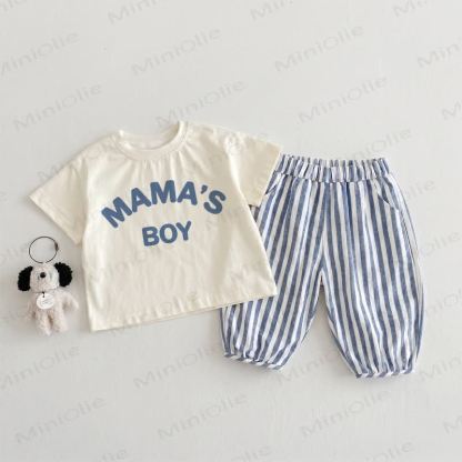MAMA'S BOY Baby Toddler Beige&Blue Vertical Striped 2-piece Set - Beige&Blue - 3-4T - image 1