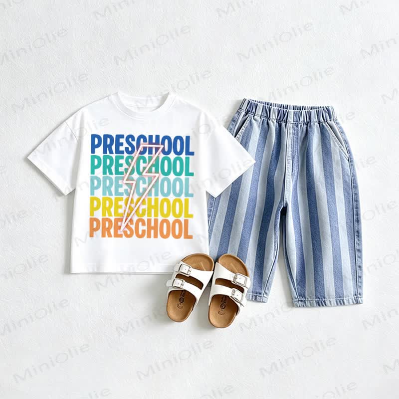PRESCHOOL Baby Tee and Striped Jeans 2-piece Set - White&Red - 2-3T - image 1