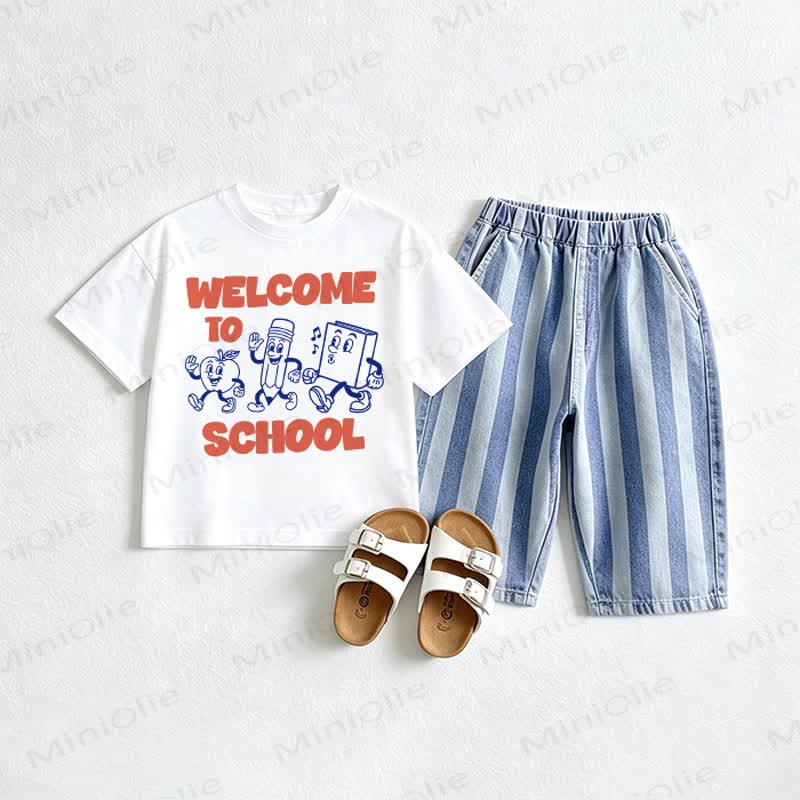 WELCOME TO SHOOL Baby Tee and Striped Jeans 2-piece Set - White&Red - 2-3T - image 1