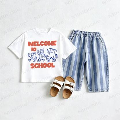 WELCOME TO SHOOL Baby Tee and Striped Jeans 2-piece Set - White&Red - 2-3T - image 1