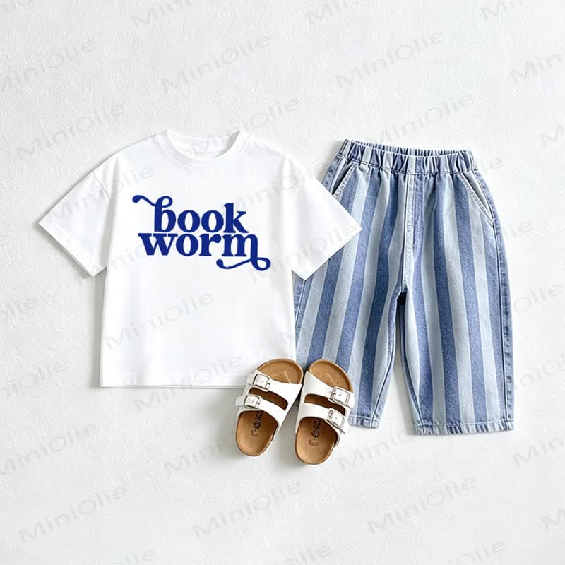 BOOK WORM Baby Tee and Striped Jeans 2-piece Set - White&Red - 2-3T - image 1
