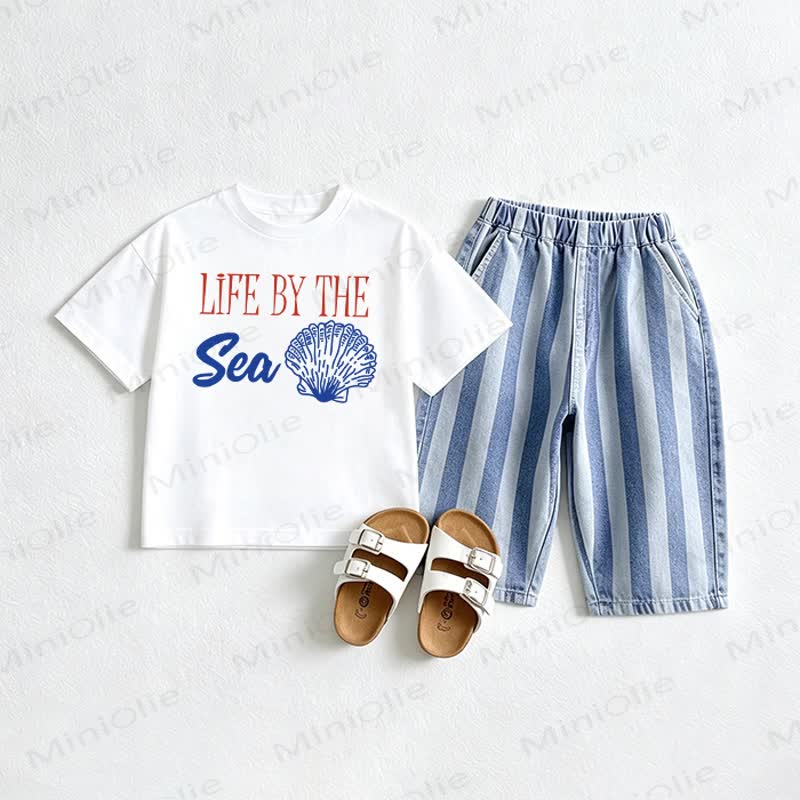 LIFE BY THE SEA Baby Tee and Striped Jeans 2-piece Set - White&Red - 2-3T - image 1
