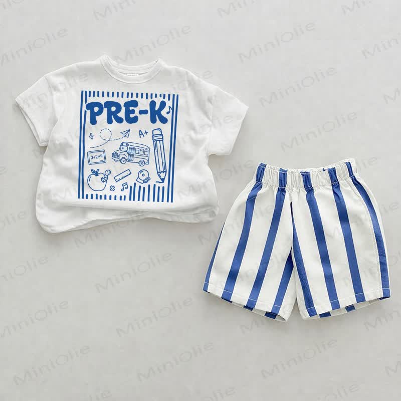 PRE-K Baby Tee and Striped Shorts 2-piece Set - White&Blue - 2-3T - image 1