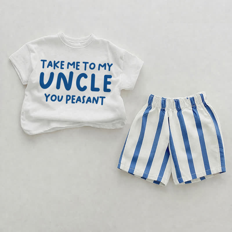 TAKE ME TO MY AUNT/UNCLE YOU PEASANT Baby Blue Vertical Striped 2-piece Shorts Set - White&Blue: UNCLE - 2-3T - image 2