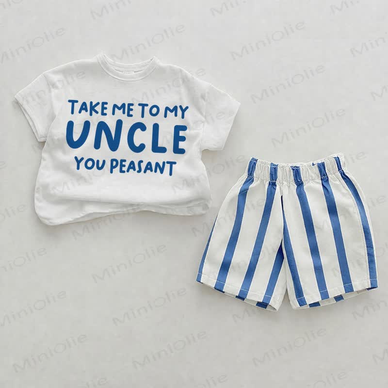TAKE ME TO MY AUNT/UNCLE YOU PEASANT Baby Blue Vertical Striped 2-piece Shorts Set - White&Blue: UNCLE - 2-3T - image 2