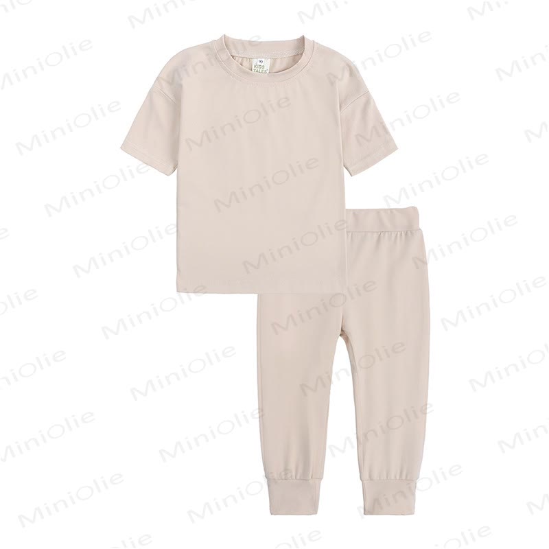 Toddler Solid Color Knit Top and Pants 2-piece Pyjama Set - Beige - 12-13T - image 8