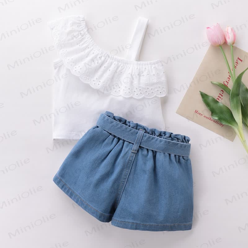 Toddler Baby Girl One Shoulder Sleeveless Top and Denim Shorts 2-piece Set - White - 4-5T - image 2