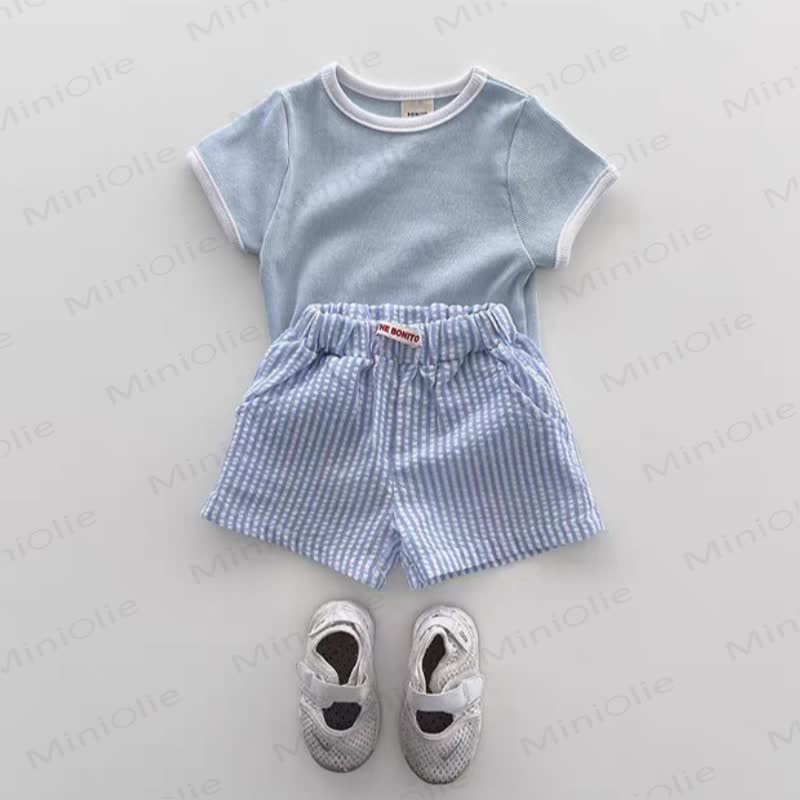 Baby Toddler Boys Solid Color Tee and Striped Shorts 2-piece Set - Blue - 4-5T - image 2