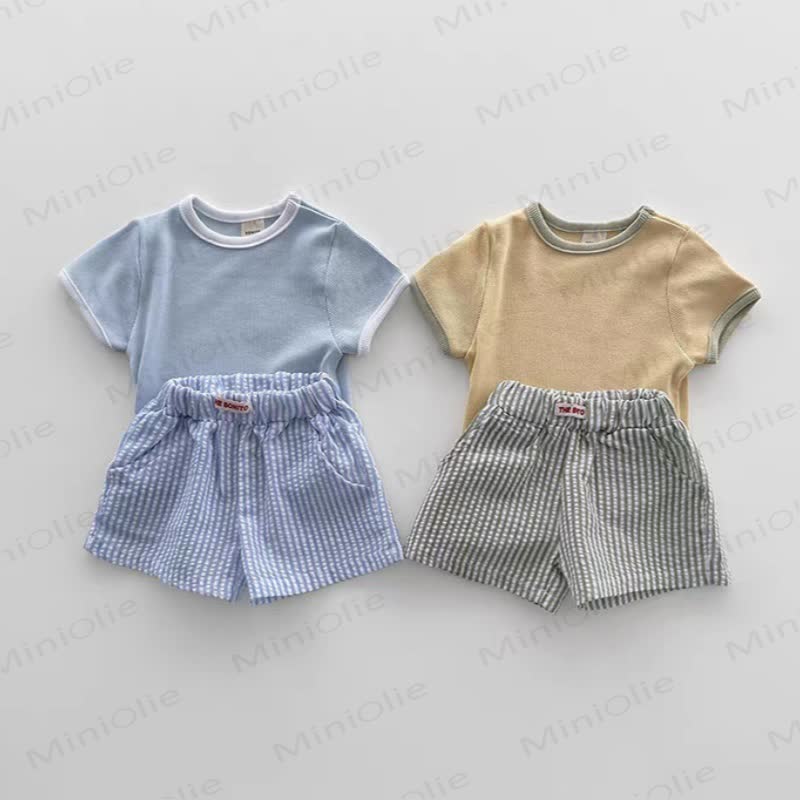 Baby Toddler Boys Solid Color Tee and Striped Shorts 2-piece Set - image 1