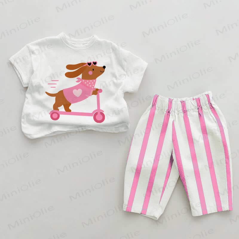 Baby Girls Dog Pink Vertical Striped 2-piece Set - White&Pink - 2-3T - image 1