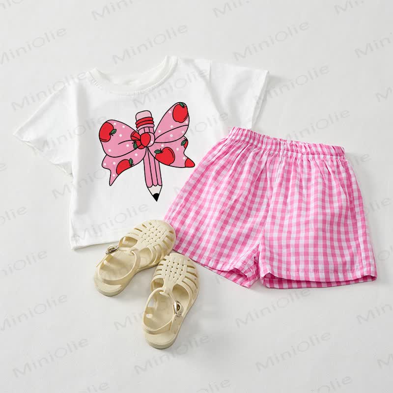 Baby Bowknot Print Short Sleeve and  Pink Plaid Shorts 2-piece Set - White&Pink - 3-5T - image 1
