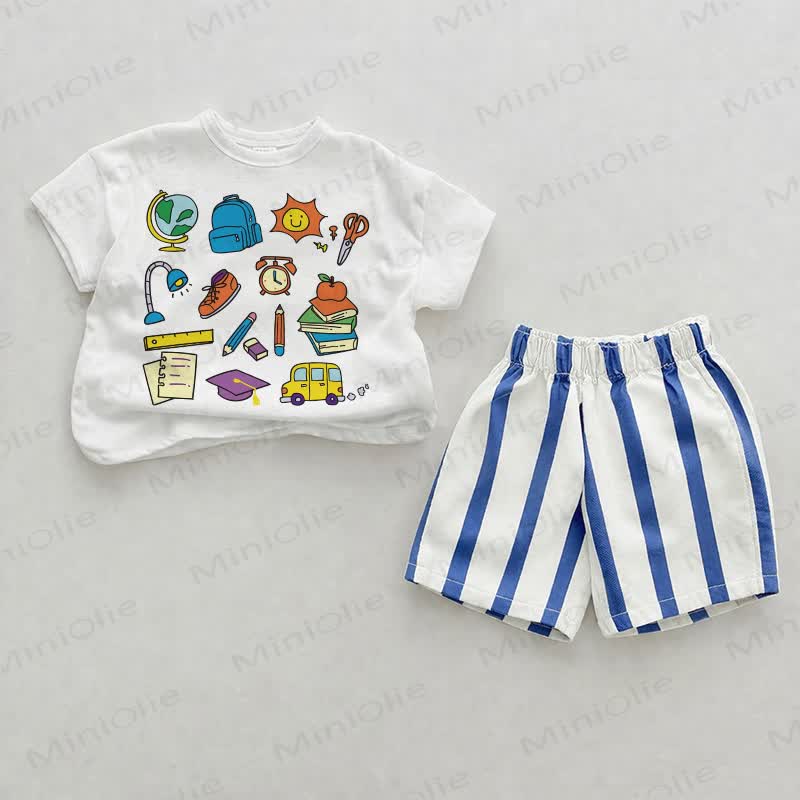 Baby Cartoon School Print Blue Vertical Striped 2-piece Shorts Set - White&Blue - 2-3T - image 1