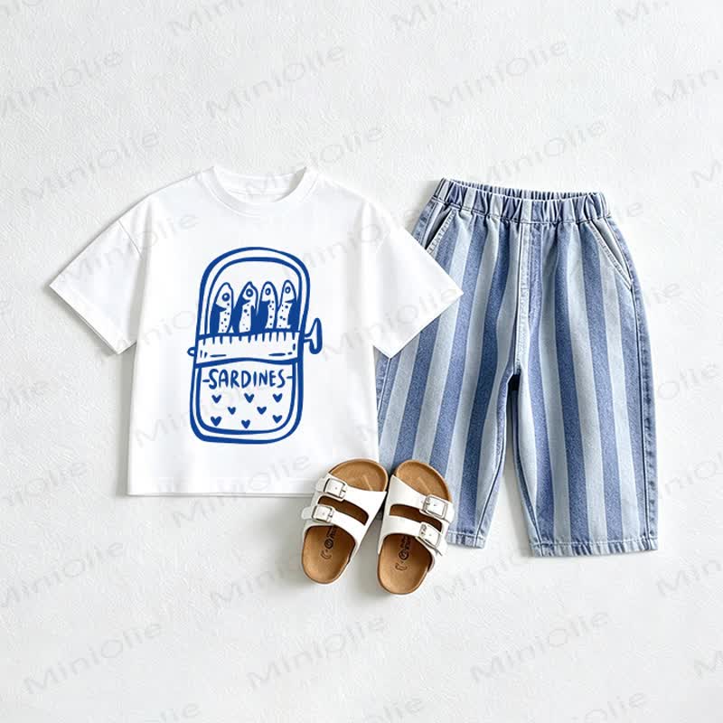 SARDINES Baby White Tee and Striped Jeans 2-piece Set - White&Blue - 2-3T - image 1