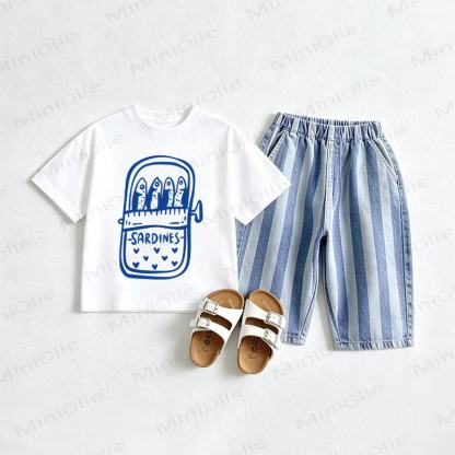 SARDINES Baby White Tee and Striped Jeans 2-piece Set - White&Blue - 2-3T - image 1