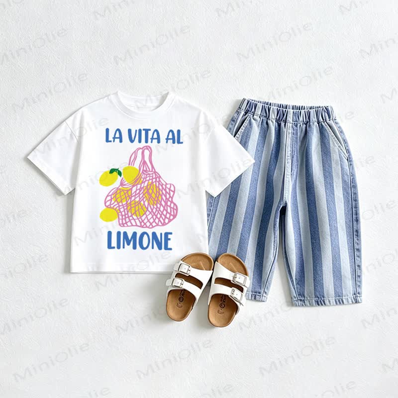 LA VITA AL LIMONE Baby Lemon Print Tee and Striped Jeans 2-piece Set - White&Blue - 2-3T - image 1