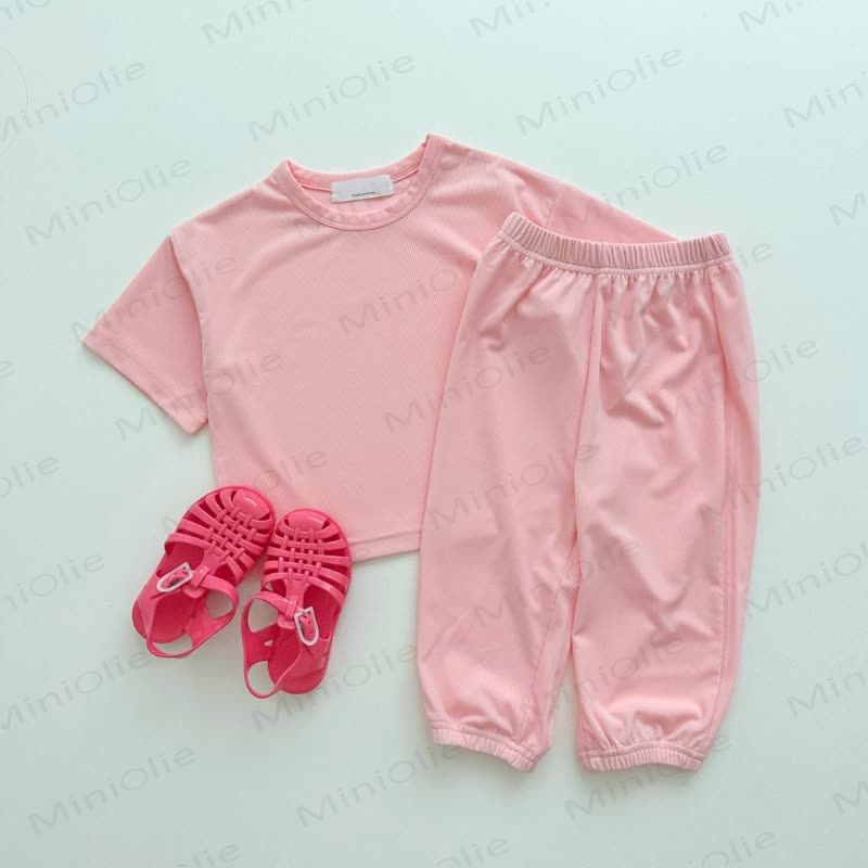 Toddler Baby Solid Color Tee and Pants 2-piece Pyjama Set - Pink - 6-7T - image 2