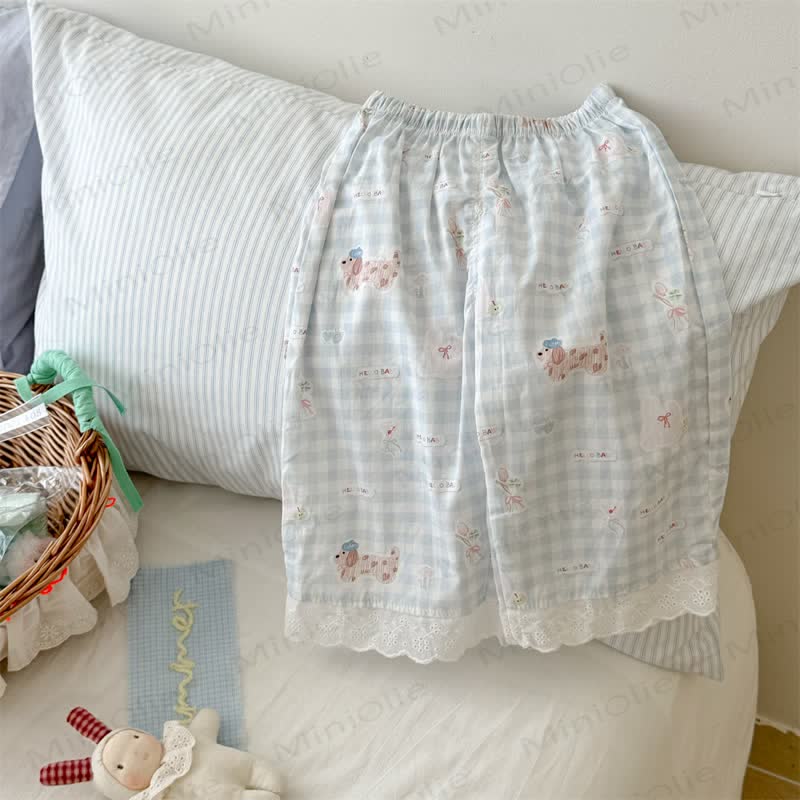 Toddler Girls Gingham/Solid Color Lace Trim Pants - Blue - 8-9T - image 1