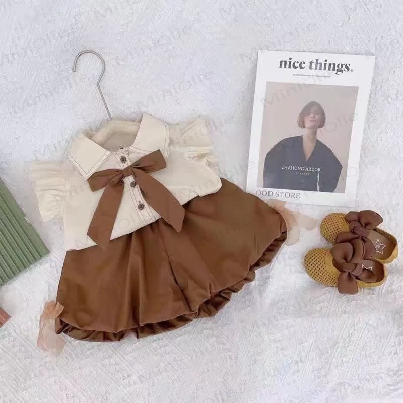 Toddler Girl Brown Flutter Sleeve Top and Shorts 2-piece Set - image 2