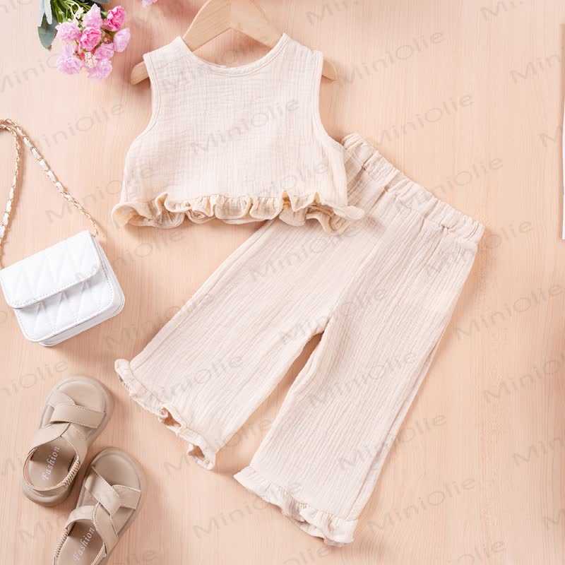 Toddler Girl Solid Color Crinkled Sleeveless Ruffle Hem Top and Pants 2-piece Set - Beige - 5-6Y - image 1