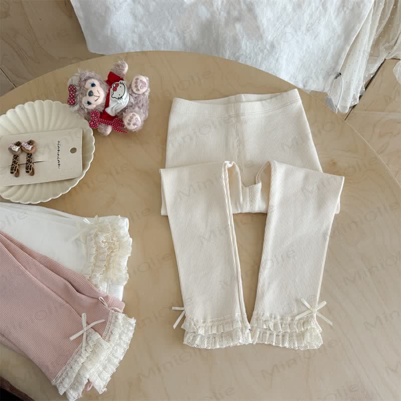 Toddler Girl Lace Hem Bow Leggings - White - 6.5-8T - image 2